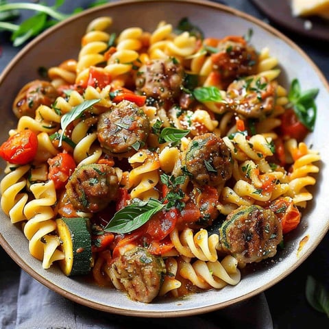 A bowl of pasta with meatballs and vegetables.