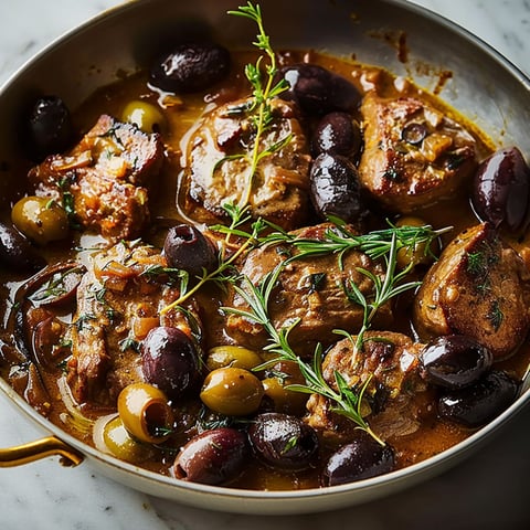 A bowl of meat and olives.