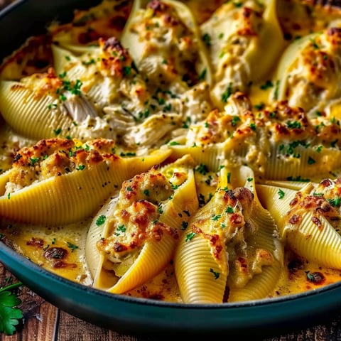 A dish of Creamy Cajun Chicken Stuffed Shells.