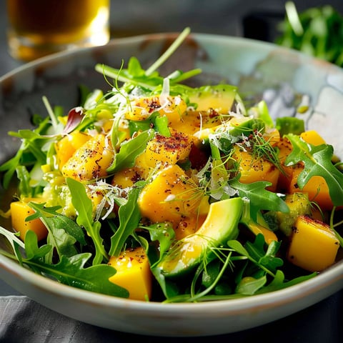 A bowl of salad with avocado and mangue.