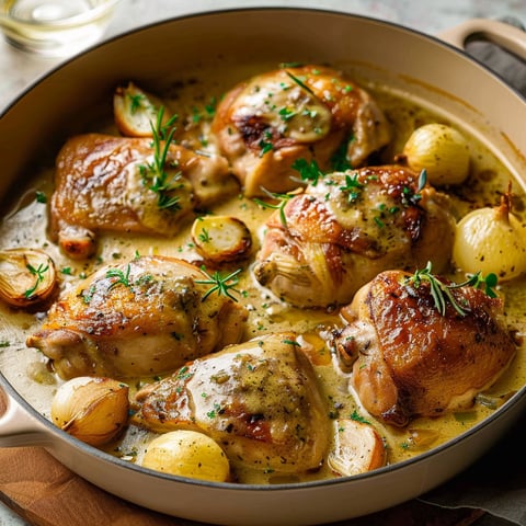Chicken with herbs and onions in a pan.