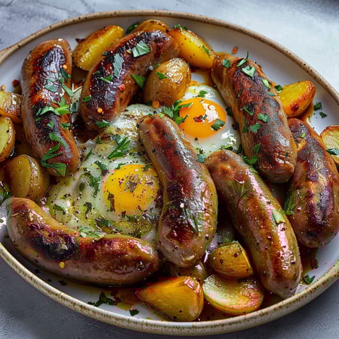 A plate of sausages and eggs.