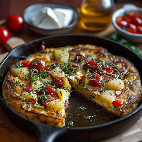 A slice of tortilla espagnole with tomatoes and cheese.