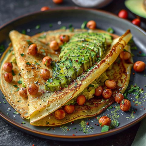 A plate of food with a crêpe, avocado, and chickpeas.