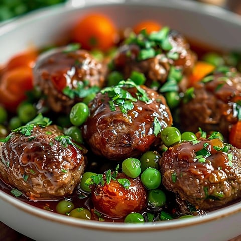 A bowl of meatballs with peas and tomatoes.