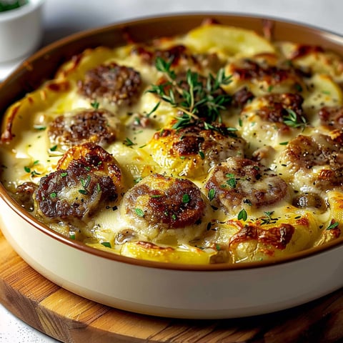 A dish of food with a sauce and herbs on top.