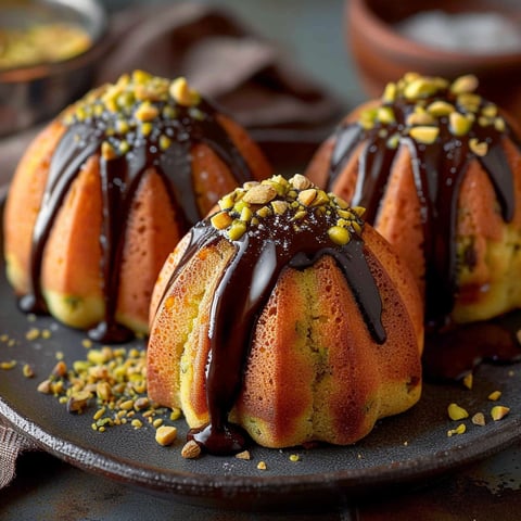 Two chocolate madeleines with pistachio toppings.