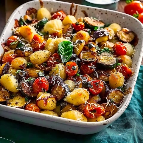 A dish of roasted vegetables with gnocchi.