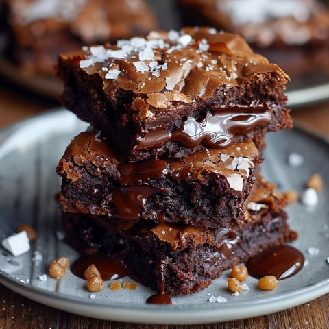 A stack of chocolate brownies with drizzled caramel.