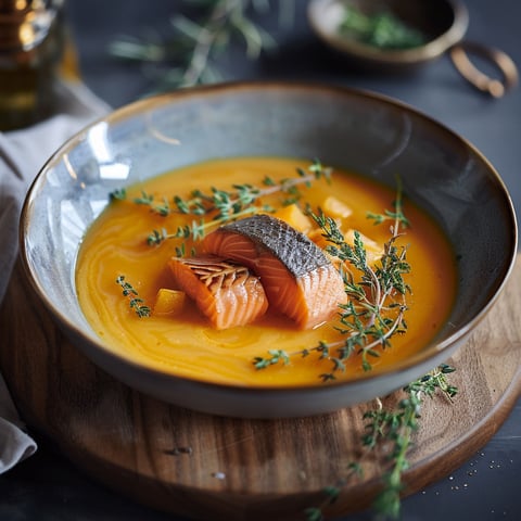 A bowl of soup with salmon and herbs.
