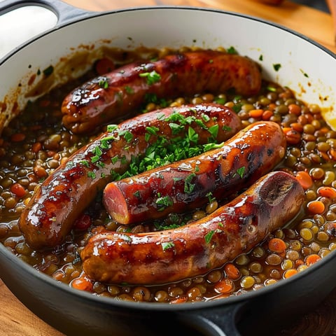 A pan of sausages and lentils.