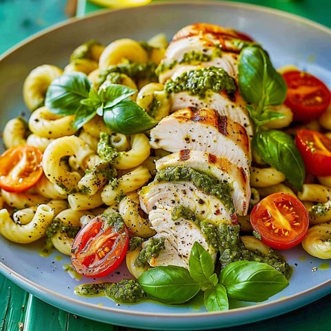 A plate of pasta with chicken and pesto sauce.