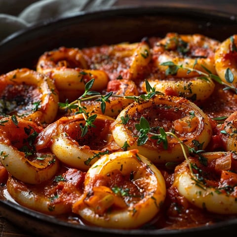 A dish of sausage and onions in a pan.