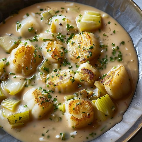 A bowl of food with a white sauce and vegetables.