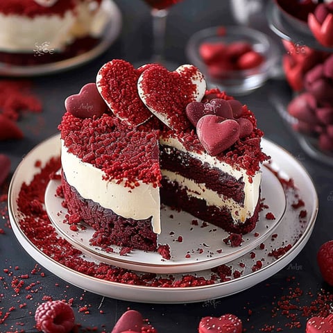 A slice of red velvet cake with hearts on it.