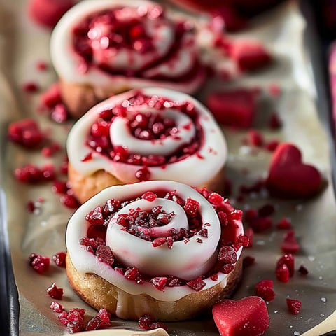 Three red velvet pastries with white frosting and red sprinkles.