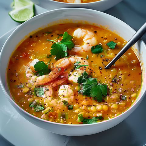 A bowl of soup with shrimp and garnish.