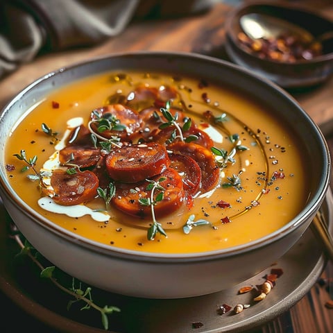 A bowl of soup with tomatoes and chorizo.