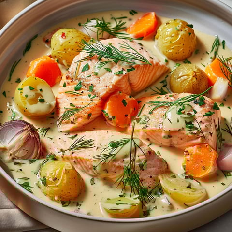 A plate of food with fish and vegetables.