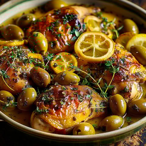 A plate of chicken with olives and lemon.
