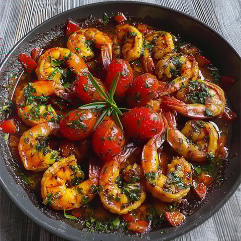 A bowl of shrimp and tomatoes.