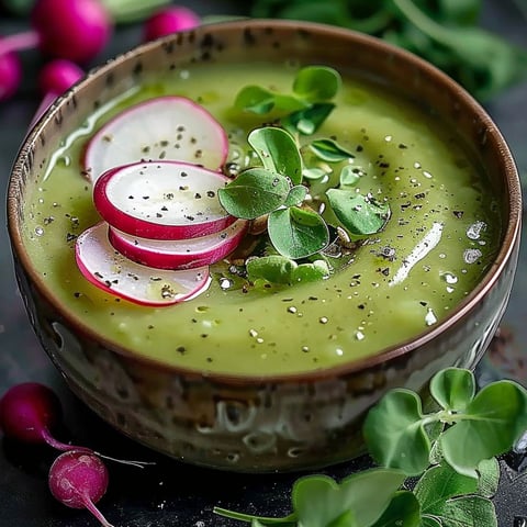 A bowl of soup with radish leaves on top.