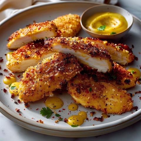 A plate of breaded chicken.