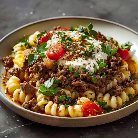 A plate of pasta with meat and cheese.