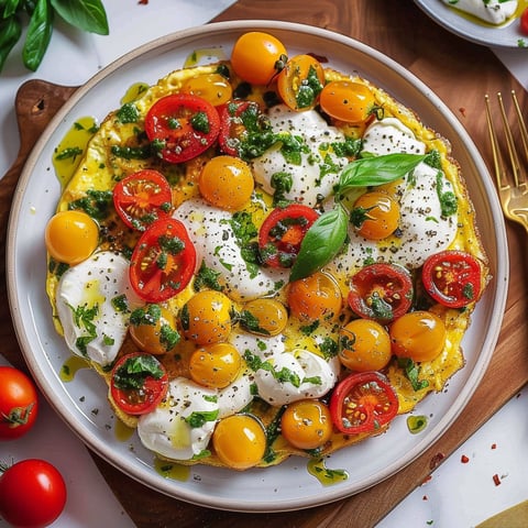A plate of food with tomatoes, mozzarella, and pesto.